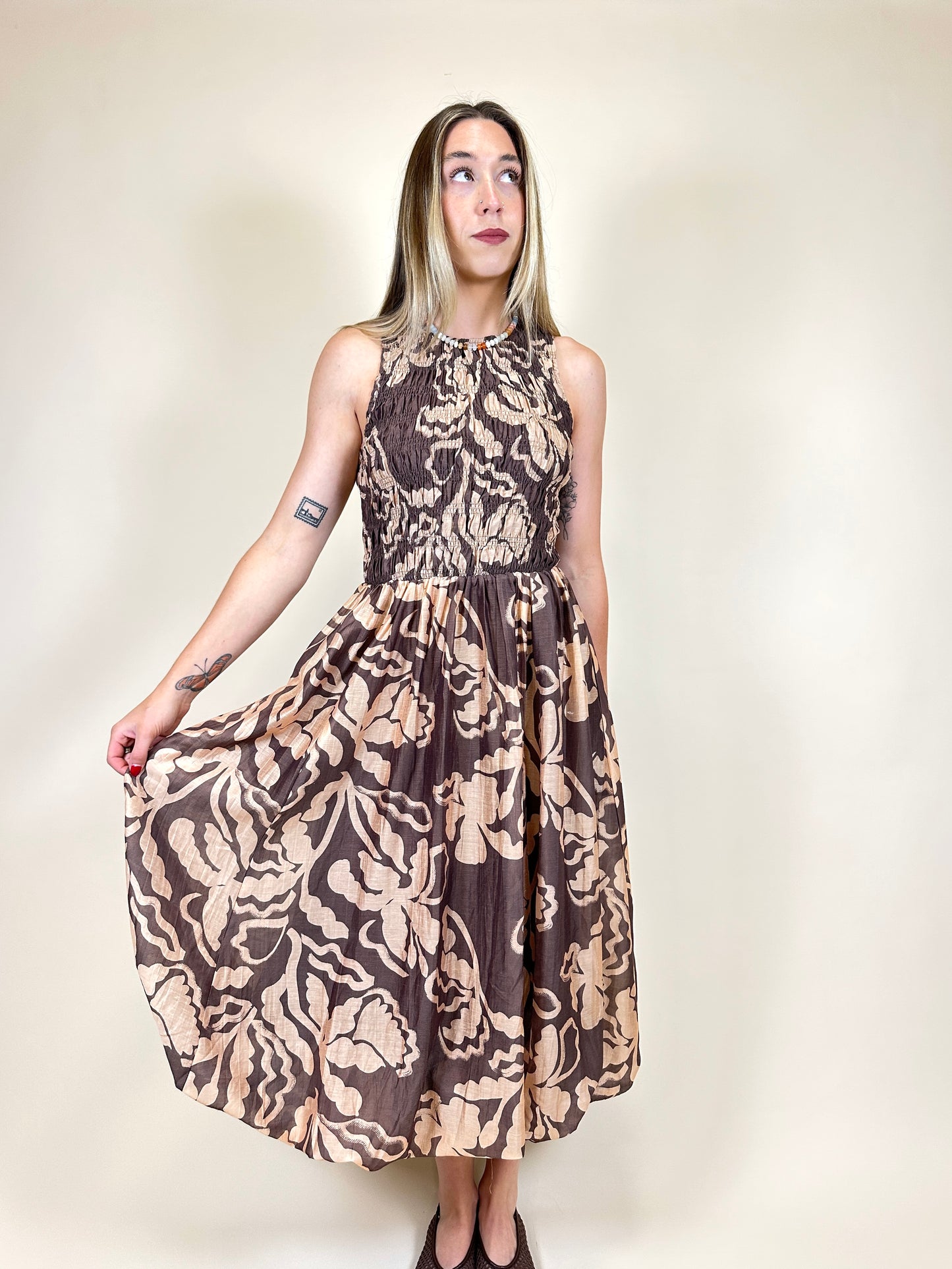 Brown Smocked Bubble Midi Dress