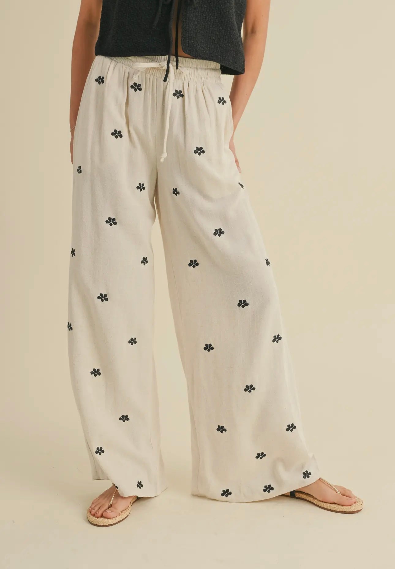 DITSY EMBROIDERED LINEN PANTS