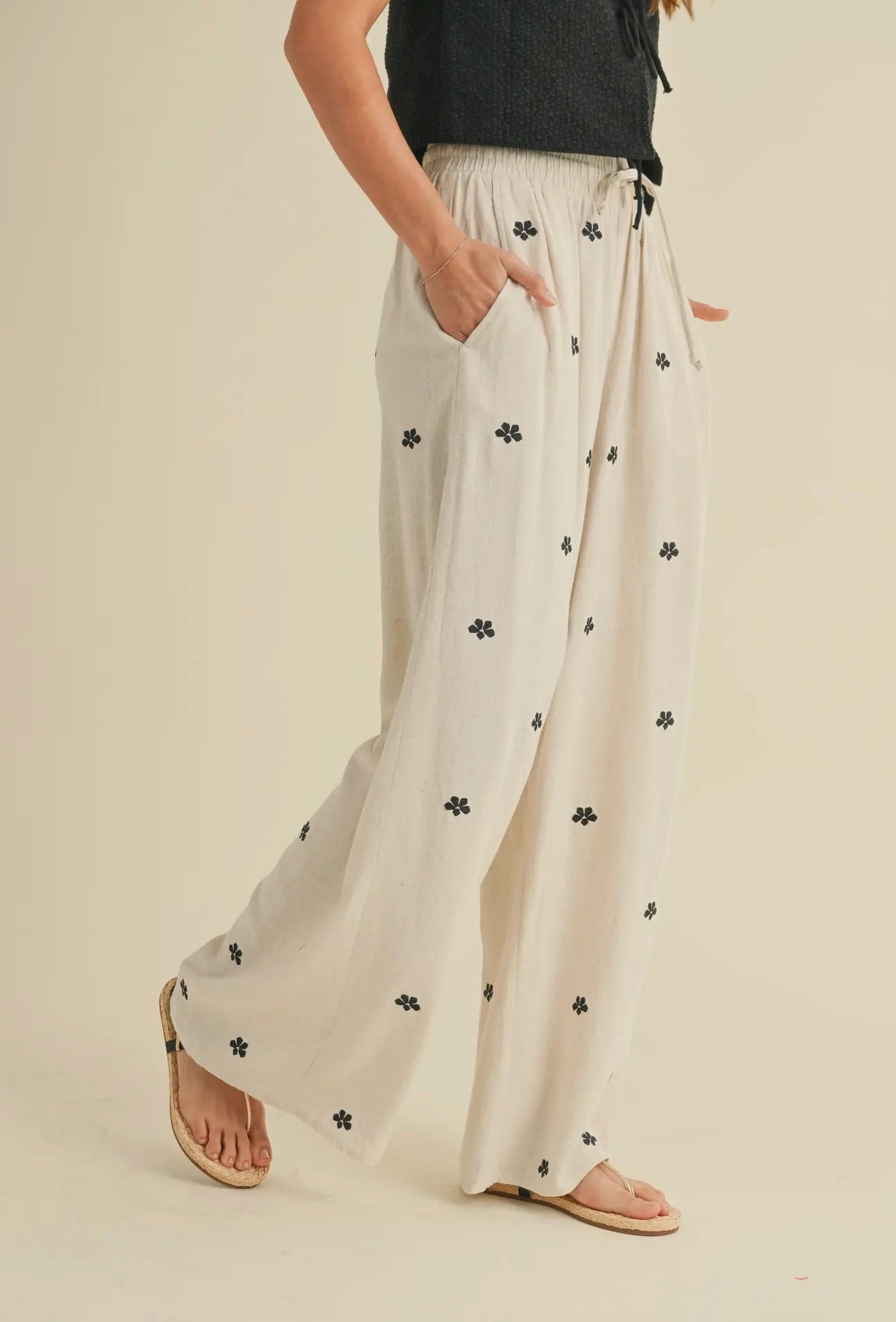 DITSY EMBROIDERED LINEN PANTS