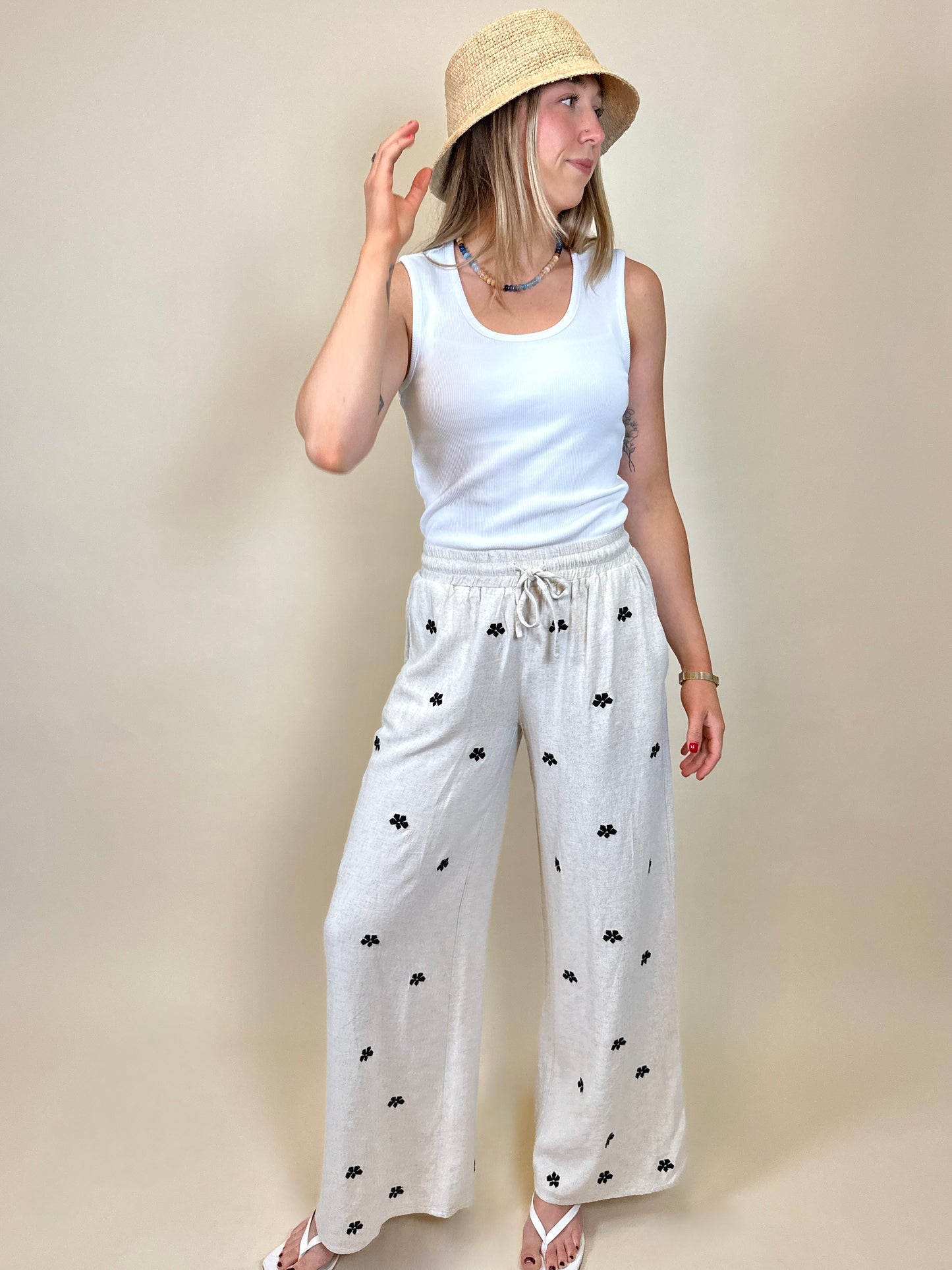 Ditsy Embroidered Linen Pants