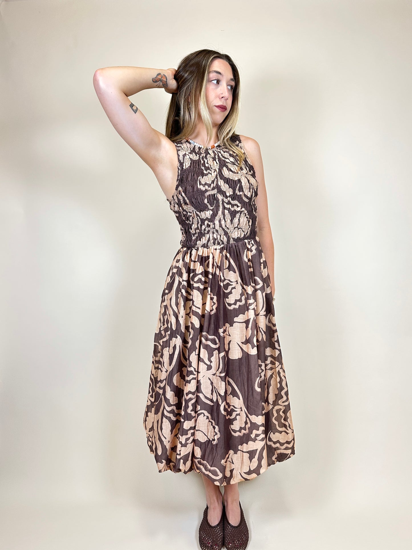 Brown Smocked Bubble Midi Dress