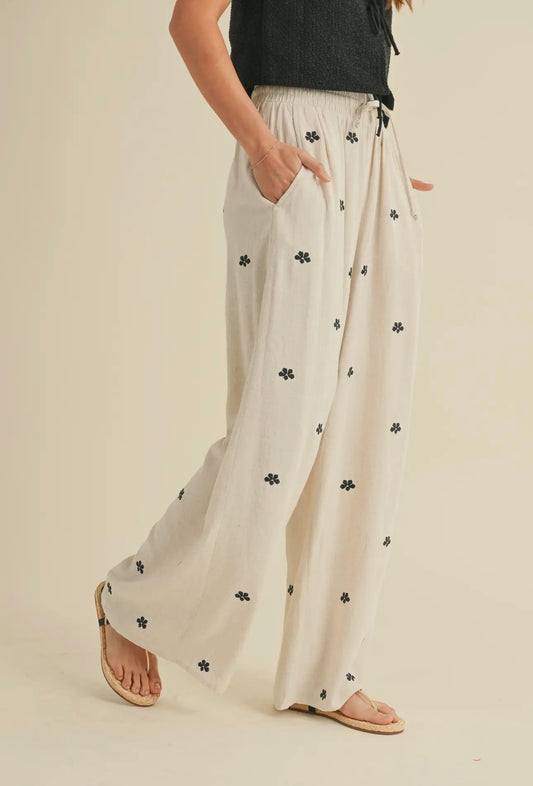 DITSY EMBROIDERED LINEN PANTS