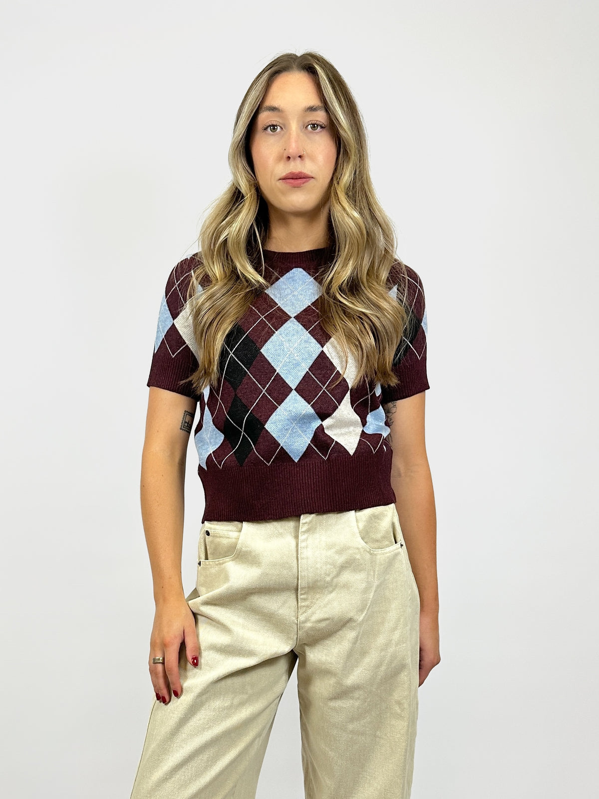 Bria Argyle Knit Burgundy Multi