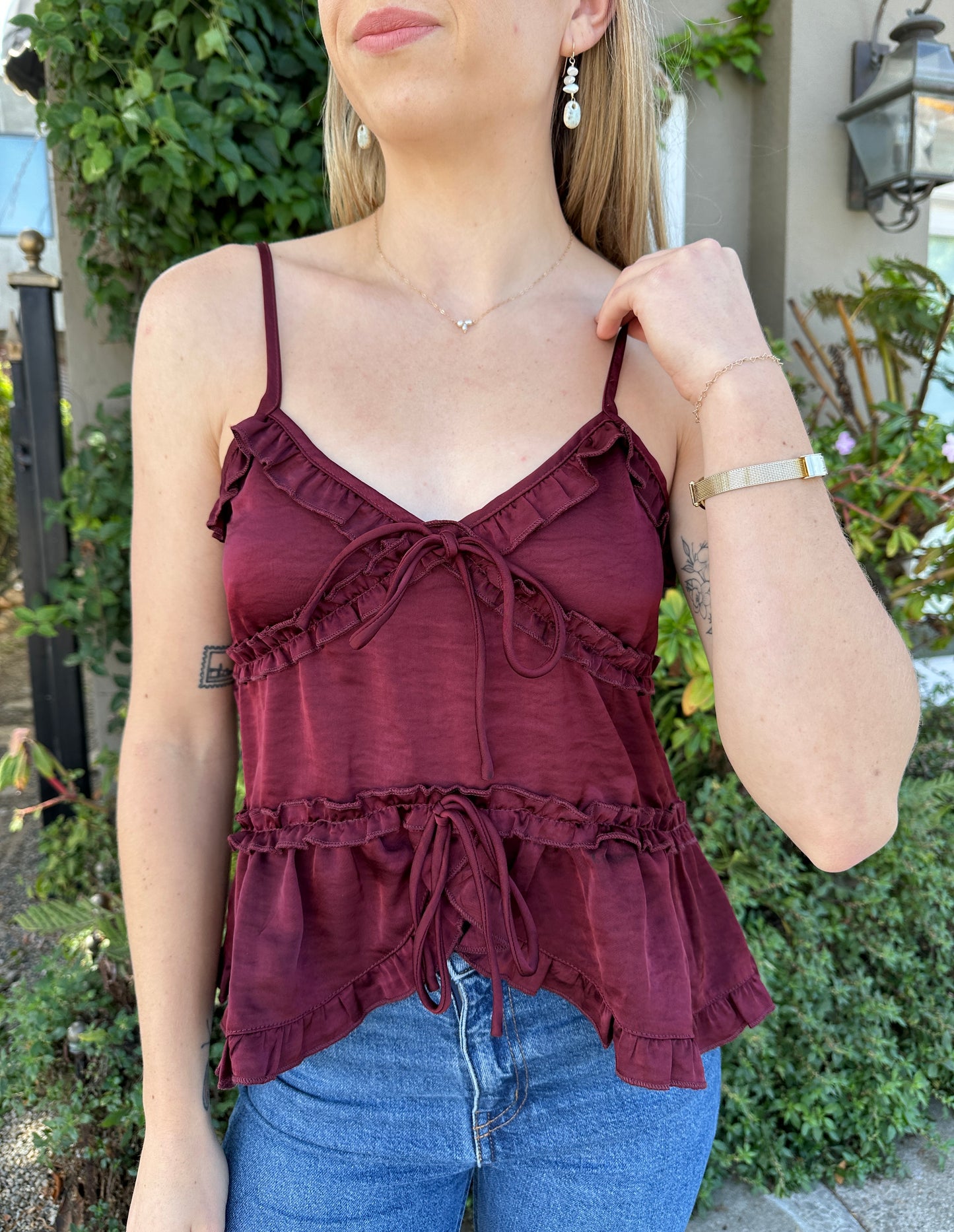 RAINA SATIN BLOUSE BURGUNDY | Jules Street Boutique