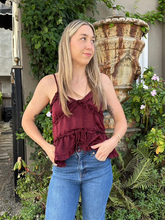 RAINA SATIN BLOUSE BURGUNDY | Jules Street Boutique
