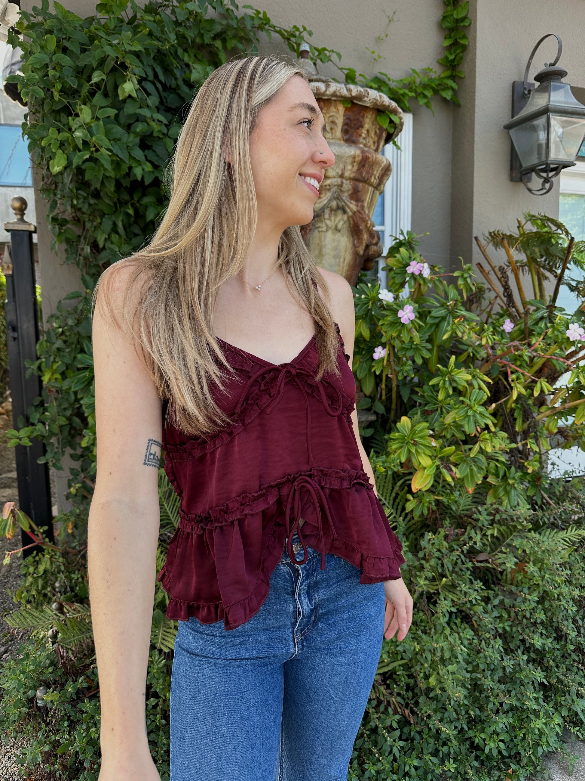 RAINA SATIN BLOUSE BURGUNDY | Jules Street Boutique