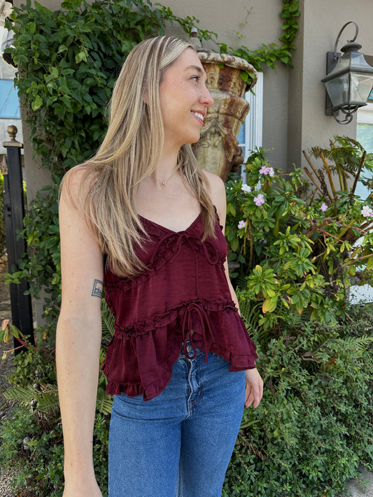 RAINA SATIN BLOUSE BURGUNDY | Jules Street Boutique
