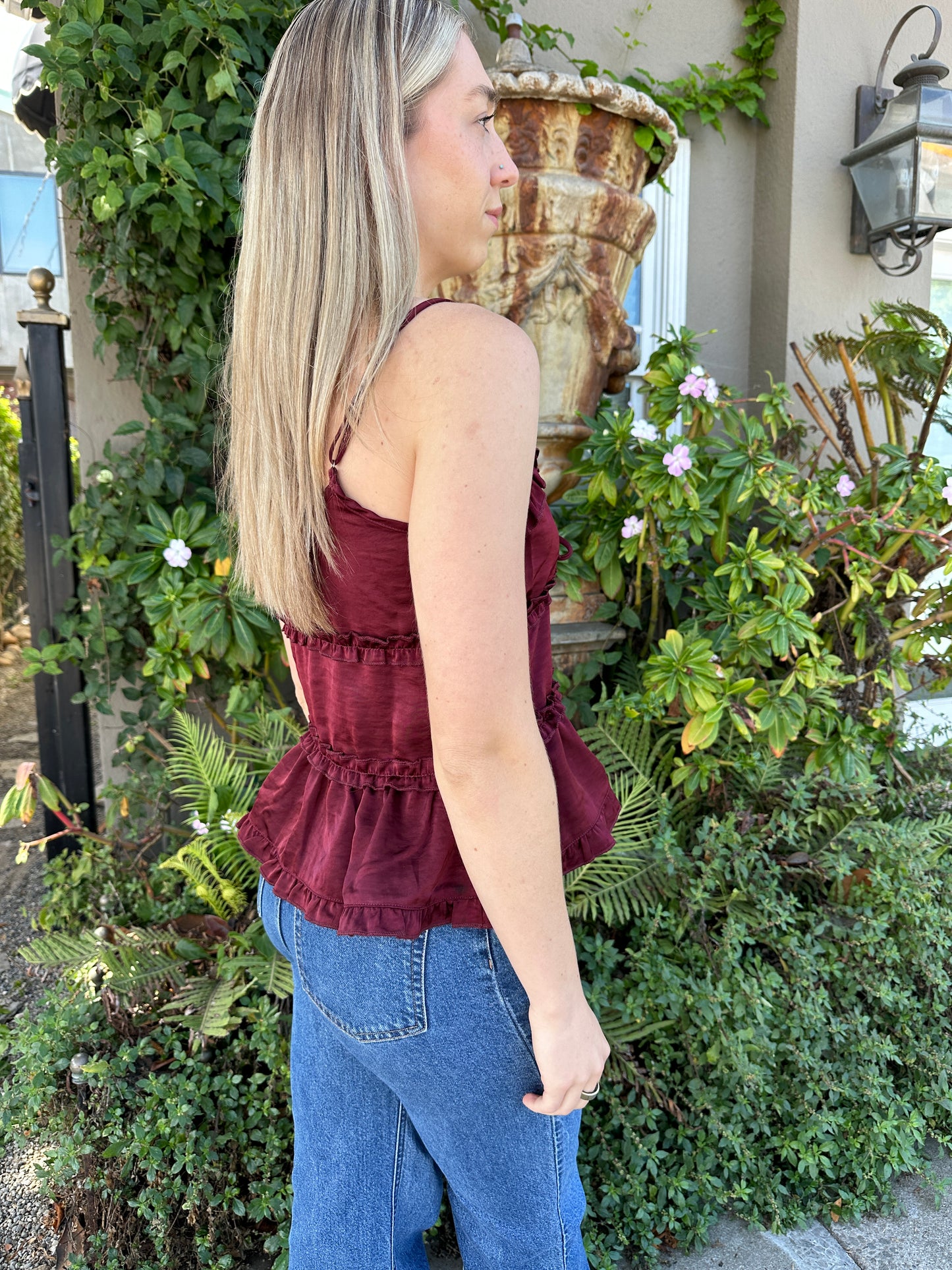 RAINA SATIN BLOUSE BURGUNDY | Jules Street Boutique