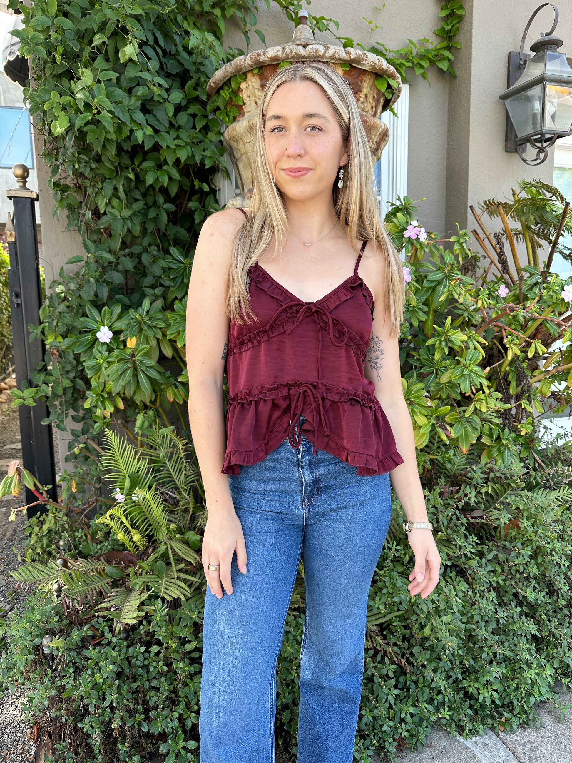 RAINA SATIN BLOUSE BURGUNDY | Jules Street Boutique
